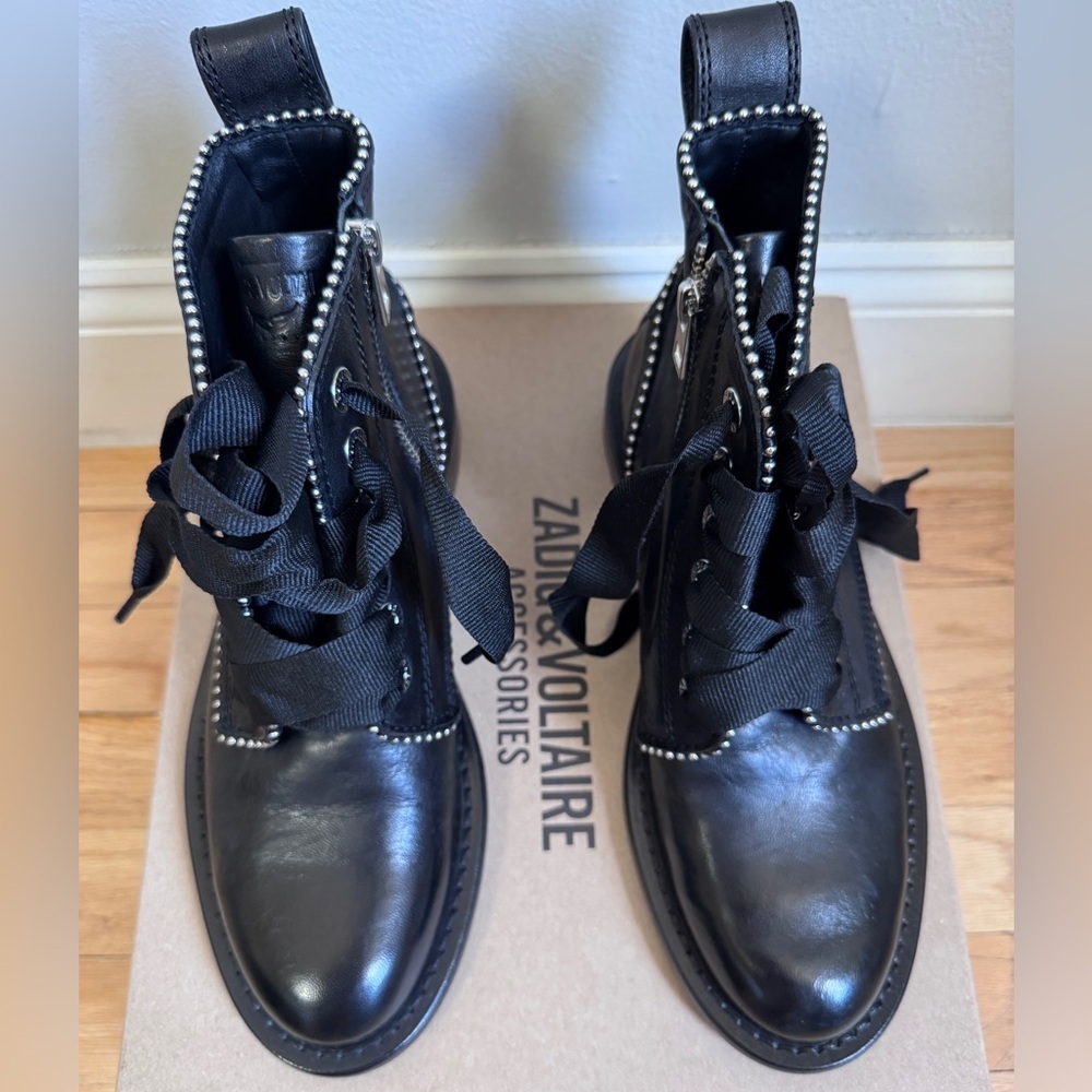 NWT Zadig & Voltaire Laureen Roma Round Toe Leather Low-Heel Boots Sz 38